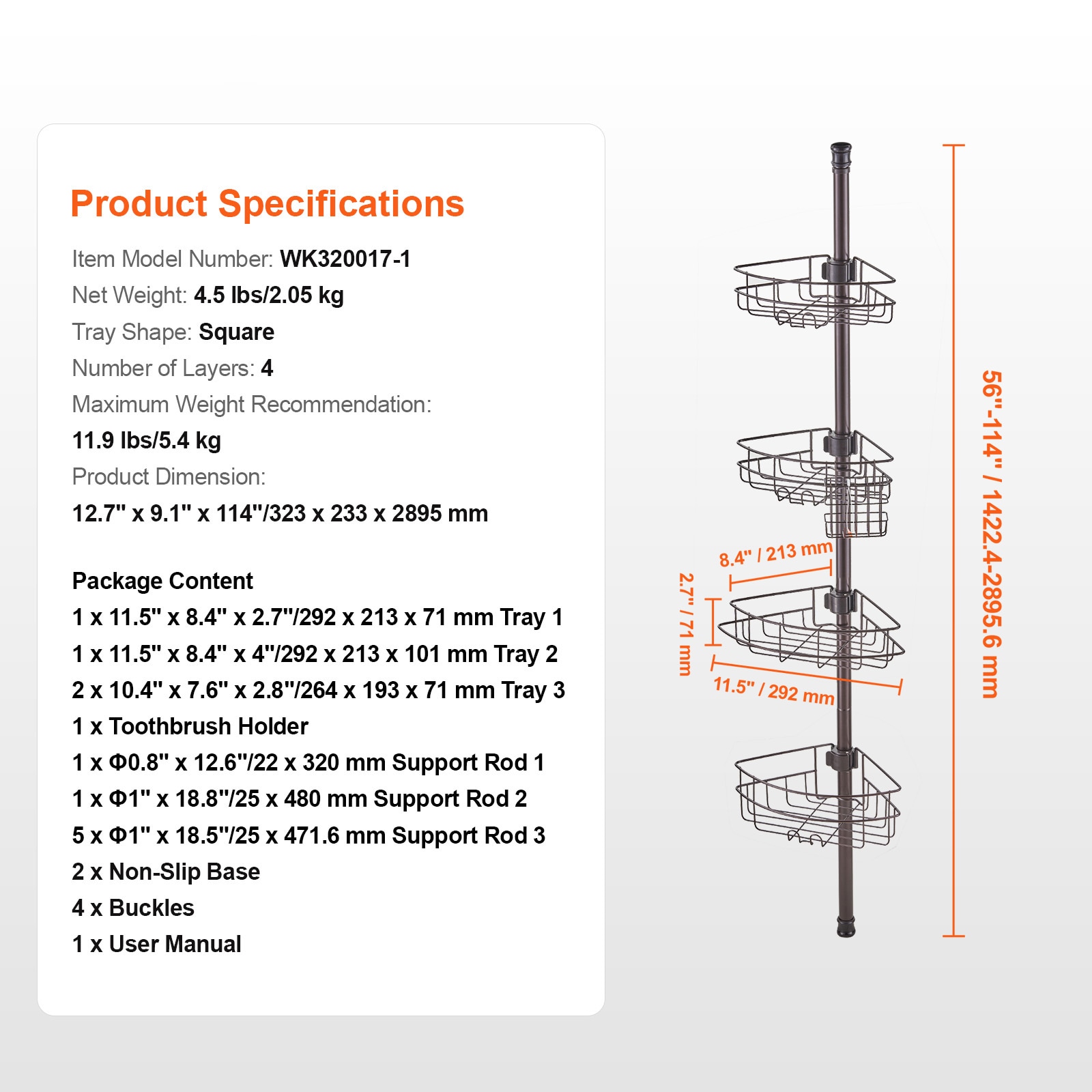 56" To 114" High Shower Corner Caddy Tension Pole Rust-Proof Tension Pole_voghion.com